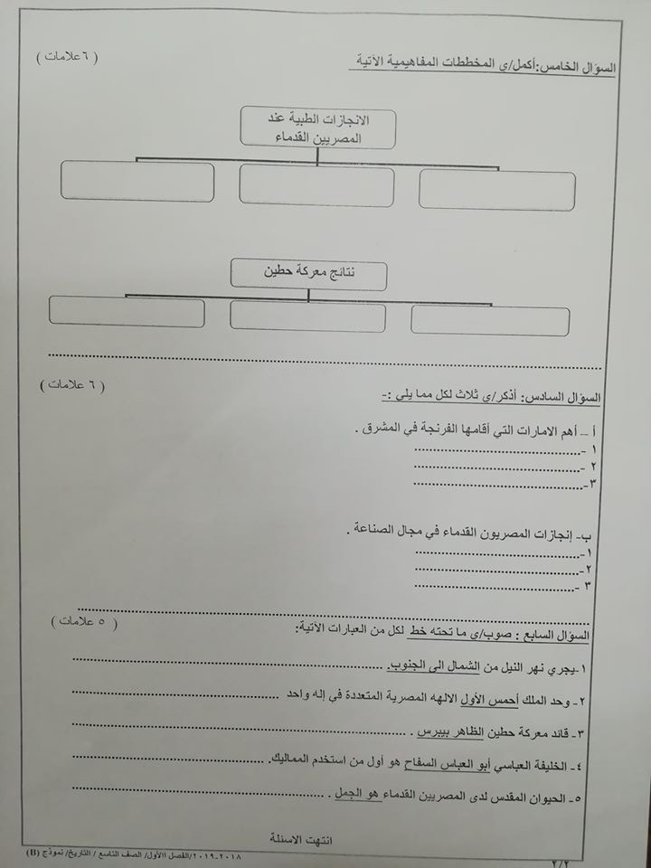 MzEzMzgzMQ8822 بالصور نموذج B وكالة اختبار التاريخ النهائي للصف التاسع الفصل الاول 2018